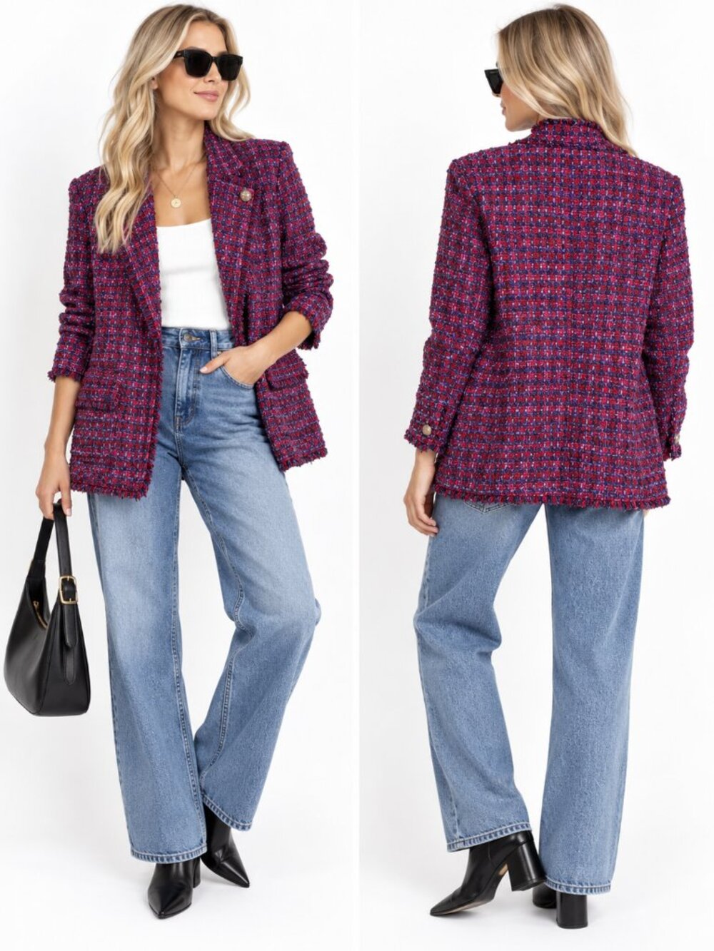 Talbots Tweed Fringe Trim Blazer Jacket Size 14 Purple Red Crest Button NWT